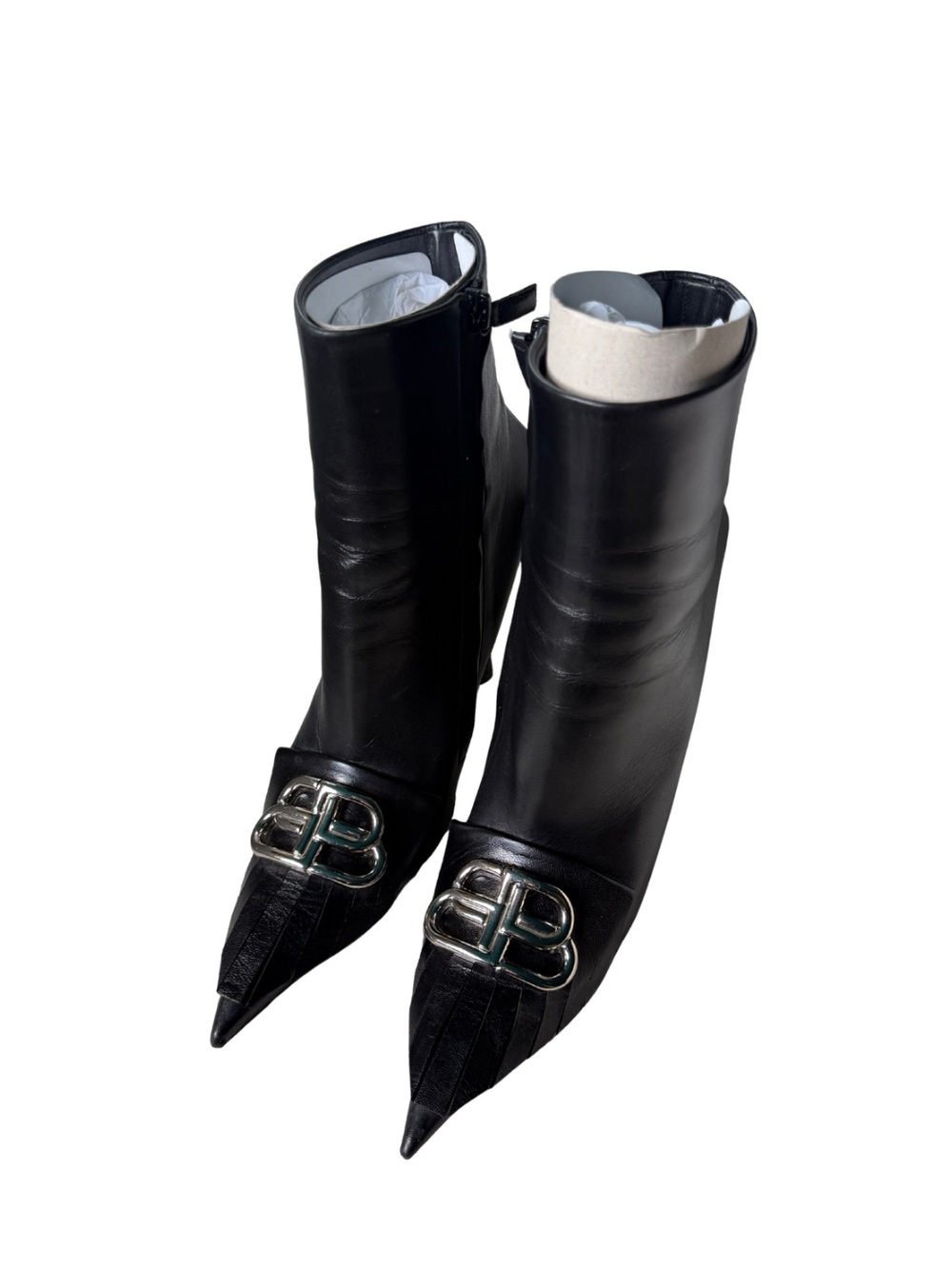 Balenciaga Black Pointed Leather Ankle Boots with Silver BB Emblem